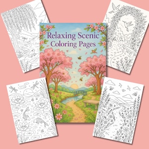 Relaxing Scenic Printable Coloring Book for Adults – Tranquil Nature Scenes, Instant Download PDF, Calming Line Art Pages for Stress Relief