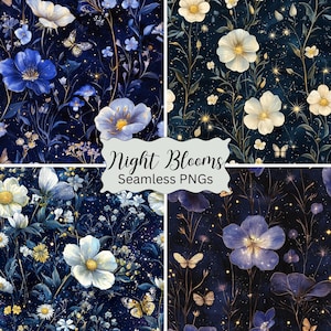 Padrões florais sem emendas de flores noturnas – Fundos PNG florais escuros, clipart de flores do céu estrelado, papel digital 6x6” para diários de lixo