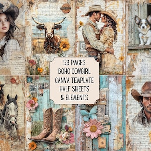 Boho Cowgirl Junk Journal Kit - Western Themed Printable Half Sheets and Elements - Scrapbooking - Paper Crafts - Canva Template