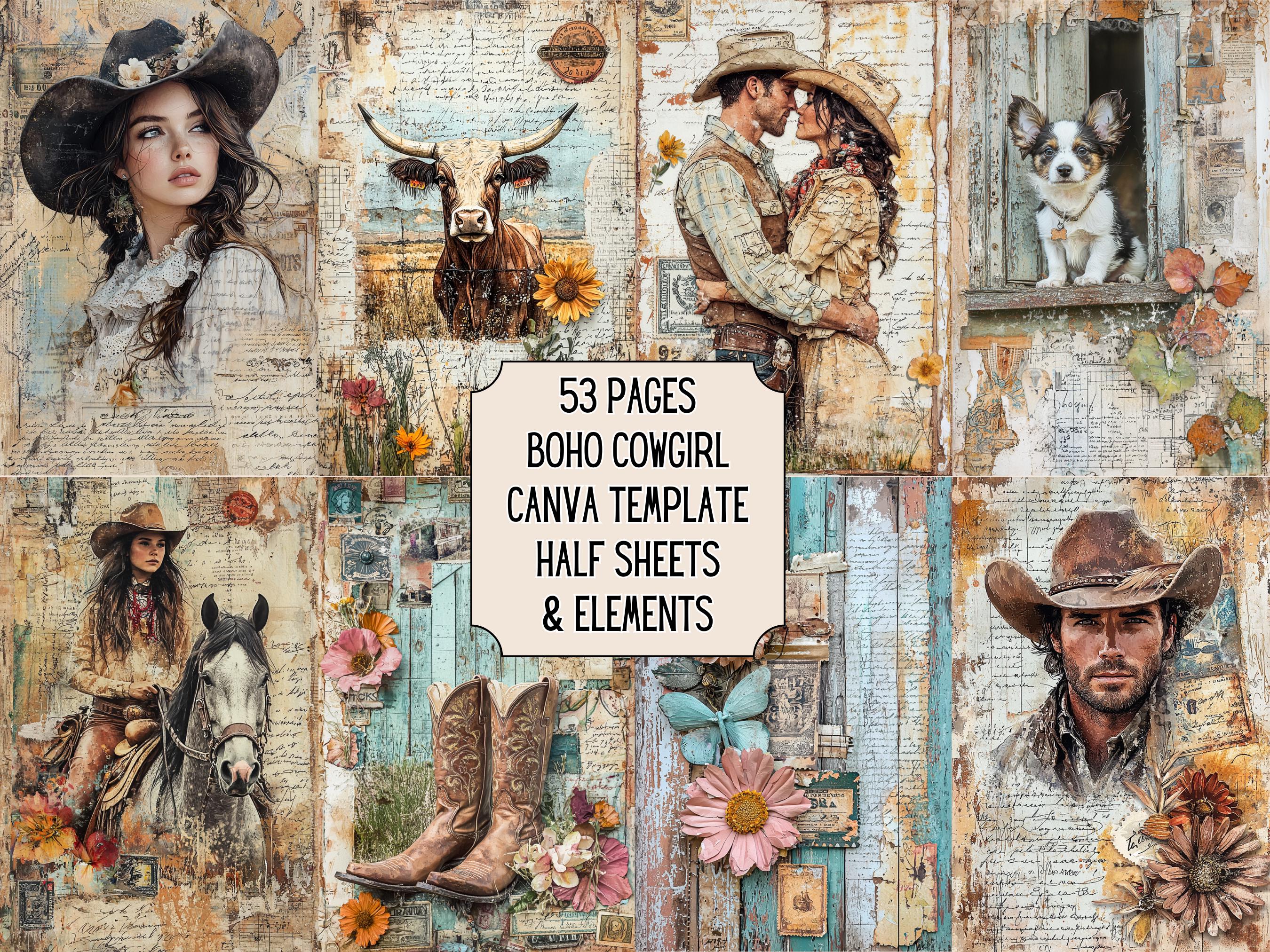 Boho Cowgirl Junk Journal Kit - Western Themed Printable Half Sheets and Elements - Scrapbooking - Paper Crafts