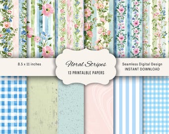 Printable Antique Floral Gingham Paper: Pastel Scrapbook Pages (13 PDF Sheets)