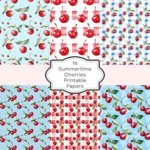 Papel imprimible de acuarela con cerezas / Papel para álbum de recortes en rojo, blanco y azul / Páginas de diario basura en PDF / Creación de tarjetas / Descarga instantánea