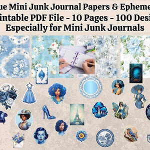 Printable Blue Mini Junk Journal Ephemera Kit - Especially For Mini Junk Journals