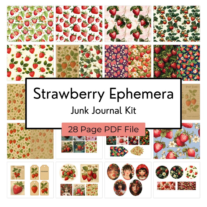 Strawberry Junk Journal Kit Printable – 28 Page Ephemera PDF for ...