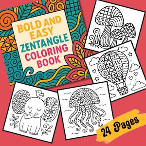 May include: A "Bold and Easy Zentangle Coloring Book" with a colorful cover is displayed with several black and white Zentangle designs. The designs include a hot air balloon, mushrooms, an elephant, and a jellyfish. The book cover has the text "Bold and Easy Zentangle Coloring Book".