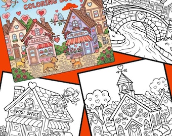 Valentine Village Coloring Book Printable PDF, Valentine's Day Coloring Pages for Kids and Adults