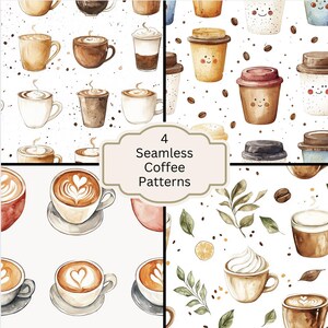 May include: Four seamless patterns featuring watercolor illustrations of coffee cups, mugs, and to-go coffee cups. The patterns include various coffee drinks, such as lattes, cappuccinos, and iced coffee. The patterns are perfect for adding a touch of whimsy to any project.