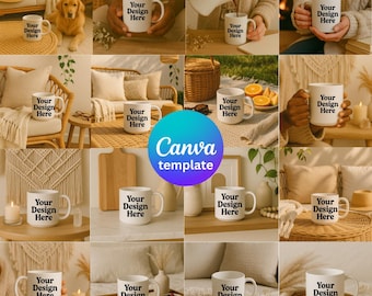 Boho muggmodellpaket: 17 neutrala fotoscener (Canva-mall)