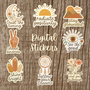 Paquete de pegatinas inspiradoras bohemias PNG – Conjunto de imágenes prediseñadas con citas digitales – Pegatinas motivacionales en tonos tierra para Cricut, diarios y álbumes de recortes