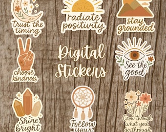 Boho Inspirational Sticker Bundle PNG – Digital Quotes Clipart Set – Earth Tone Motivational Stickers for Cricut, Journals, Scrapbooking