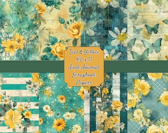 Teal and Yellow Printable Background Papers - Huge Pack - 48 Page PDF - Junk Journal Paper - Scrapbook Paper - 8.5 x 11 inch designs