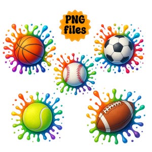 Sports Ball PNG Bundle – Colorful Paint Splash Clipart Set, Baseball, Football, Basketball, Soccer, Tennis – Commercial Use, Sublimation