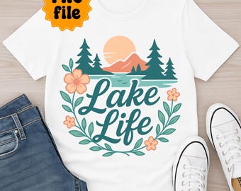 Retro Lake Life PNG: Floral Mountain Scene (Digital Download)