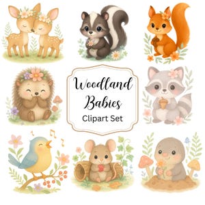 Ensemble de cliparts animaux pour bébés des bois - PNG aquarelles mignons - créatures de la forêt, art pastel pour chambre d'enfant, usage commercial