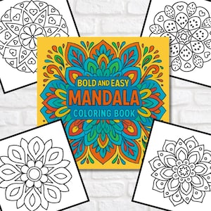 Pode incluir: Um livro para colorir mandalas "Bold and Easy Mandala" amarelo, com um design de mandala colorido. O livro é rodeado por quatro desenhos de mandalas a preto e branco. A capa apresenta o texto "Bold and Easy Mandala Coloring Book".