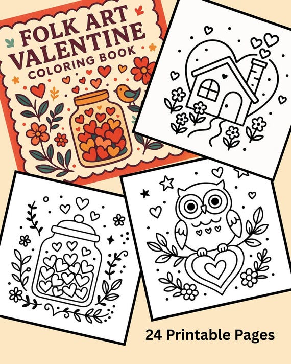 Folk Art Valentine Coloring Book | 24 Printable Pages | Heart Animals, Folk-Art Designs
