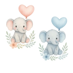 Baby Elefant Clipart PNG Set - Rosa und Blaue Aquarell Elefanten mit Luftballons - Babyparty, Kinderzimmer Kunst, Einladungen