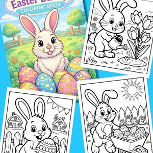 Könnte beinhalten: Ein Malbuch mit dem Titel "Bold and Easy Easter Bunny COLORING BOOK". Das Cover zeigt einen weißen Hasen und dekorierte Ostereier. Drei Schwarz-Weiß-Malvorlagen mit Hasen und Ostermotiven sind ebenfalls sichtbar.