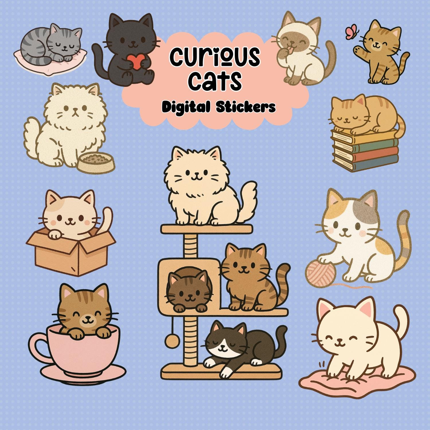 20 Cute Cat Digital Stickers | Cat Clipart PNG Bundle | Siamese, Tabby, Black Cats | Commercial Use | Pastel Kitty Graphics - Clipart