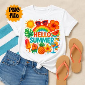 Sublimation PNG d'été lumineux | Bonjour été Clipart aquarelle | Design de t-shirt tropical | Ambiance de plage colorée | PNG à usage commercial