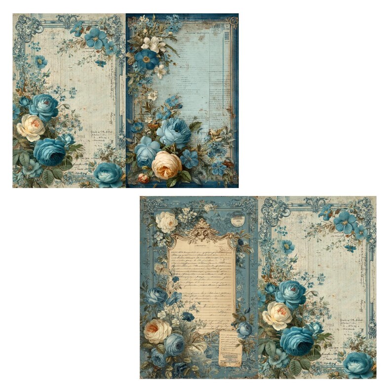 Blue Floral Junk Journal Kit: Vintage Ephemera, Printable PDF (17 Pages ...