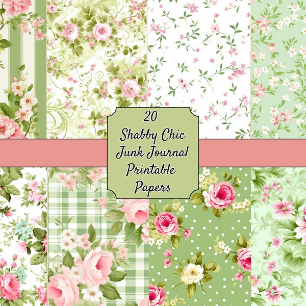 Pink and Green Floral Junk Journal Papers, Vintage Shabby Chic Paper, Digital Download, Printable Floral Papers, Collage, Scrapbooking