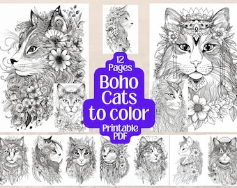 Boho Cat Coloring Pages: Majestic Floral Felines (Printable PDF)
