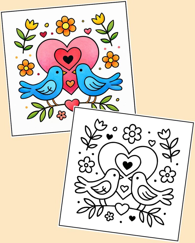 Folk Art Valentine Coloring Book | 24 Printable Pages | Heart Animals, Folk-Art Designs image 4