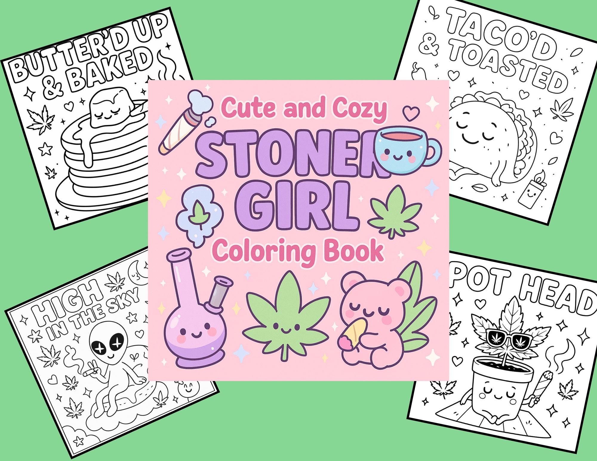Stoner Girl Coloring Book PDF – Kawaii Weed Coloring Pages for Adults, Printable 420 Art