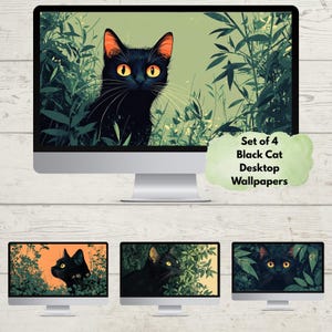 Pode incluir: Conjunto de quatro papéis de parede de gato preto para desktop. Cada papel de parede apresenta um gato preto com olhos amarelos espreitando por trás de uma folhagem verde.