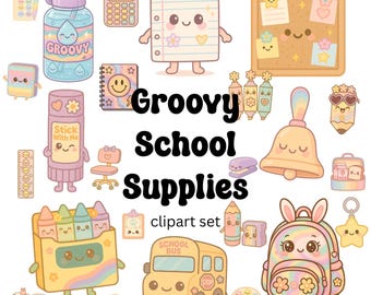 Groovy Kawaii Pastel School Supplies Clipart Set – 30 PNG Graphics | Cute Back to School PNGs | Commercial Use Allowed