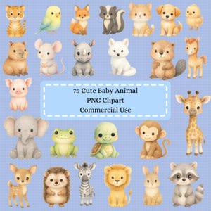 75 PNGs de animais bebês – clipart fofo em aquarela, gráficos de animais bebês, download digital para sublimação, adesivos, artesanato - uso comercial OK