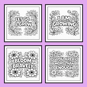 Puede incluir: Cuatro im&aacute;genes cuadradas con bordes negros y dise&ntilde;os florales blancos sobre un fondo lavanda. Cada imagen contiene una frase inspiradora diferente: "LET GO & GROW", "I AM GROWING", "BLOOM BRAVELY" y "YOU ARE MORE THAN ENOUGH".