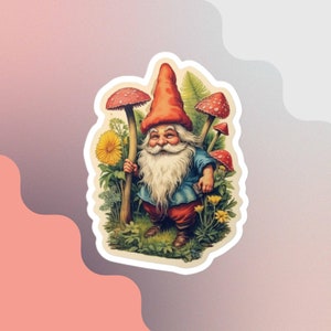 Antique Gnome Sticker, Garden Gnome Sticker, Mushroom Sticker, Retro Sticker