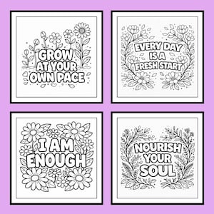Puede incluir: Cuatro impresiones art&iacute;sticas en blanco y negro con citas motivadoras. Cada impresi&oacute;n presenta dise&ntilde;os florales y frases: "Crece a tu propio ritmo", "Cada d&iacute;a es un nuevo comienzo", "Soy suficiente" y "Nutre tu alma".