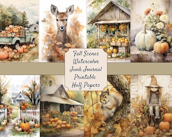 Watercolor Fall Scenes: Printable Junk Journal Pages (PDF File)
