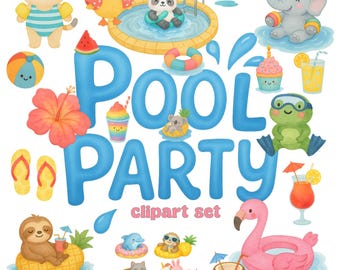 Pool Party Clipart: Watercolor Summer Animals, Floaties PNGs (Commercial Use OK
