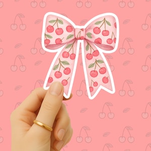 Cherry Coquette Bow Sticker – Cute Pink Aesthetic Waterproof Vinyl Sticker for Journals, Tumblers, Laptops & Gifts