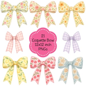 Aquarell Coquette Schleife Clipart Bundle | 21 Pastell Bogen PNGs | Feminine Bogen Grafiken | 12x12 PNG-Dateien | Kommerzielle Nutzung Clipart-Set