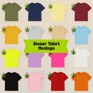 ストーナーTシャツモックアップPNG画像23枚 – フラットレイで使いやすい大麻シャツモックアップ420枚 – スモークショップグッズ向けユニセックスTシャツ商品画像