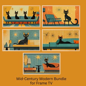 サムスンフレームテレビ用ミッドセンチュリーモダン猫アートプリント（デジタルダウンロード）