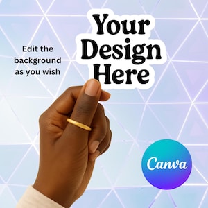 May include: A hand holding a white sticker with black text that reads "Your Design Here". The sticker is on a light blue background with a geometric pattern. The text "Edit the background as you wish" is visible in the top left corner of the image. The text "Canva" is visible in a blue, purple, and green circle in the bottom right corner of the image.