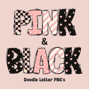 Paquete de letras PNG con garabatos rosas y negros: 4 estilos de alfabeto, 104 letras + 40 números, imágenes prediseñadas de patchwork, fuentes PNG para uso comercial