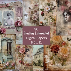 Pacote de papel digital Shabby Ephemeral - 50 papéis antigos e lindos para impressão para diários de lixo, scrapbooking e muito mais