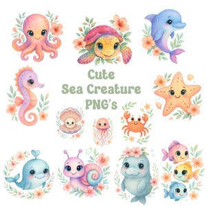 Niedliches Meeresbewohner PNG Bundle, 12 Ozeantiere PNG Designs, Aquarell Meerestiere Grafiken, Kommerzielle Nutzung, Pastell Meerestiere