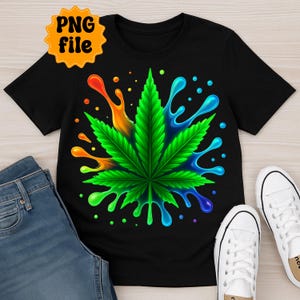 Neon Cannabis Leaf PNG – Colorful Weed Clipart with Paint Splash, Trippy Stoner Sublimation Graphic, Rainbow Marijuana Digital Download
