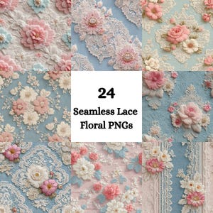 Naadloze kanten bloemen-png's – 24 Grandmillennial-patronen, vintage kleedje en bloemenkant, pastelkleurige shabby-chic achtergronden, romantisch