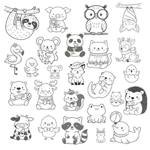 Paquete de imágenes prediseñadas de animales en blanco y negro: 30 PNG, animales kawaii del bosque, arte lineal transparente, uso comercial