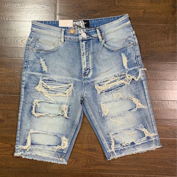 Distressed Slim Fit Stretch Denim Fringe Jean Shorts