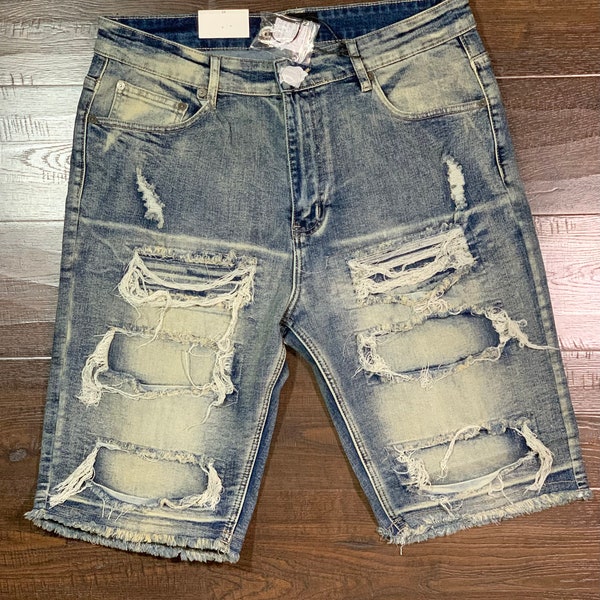 Distressed Slim Fit Stretch Denim Fringe Jean Shorts